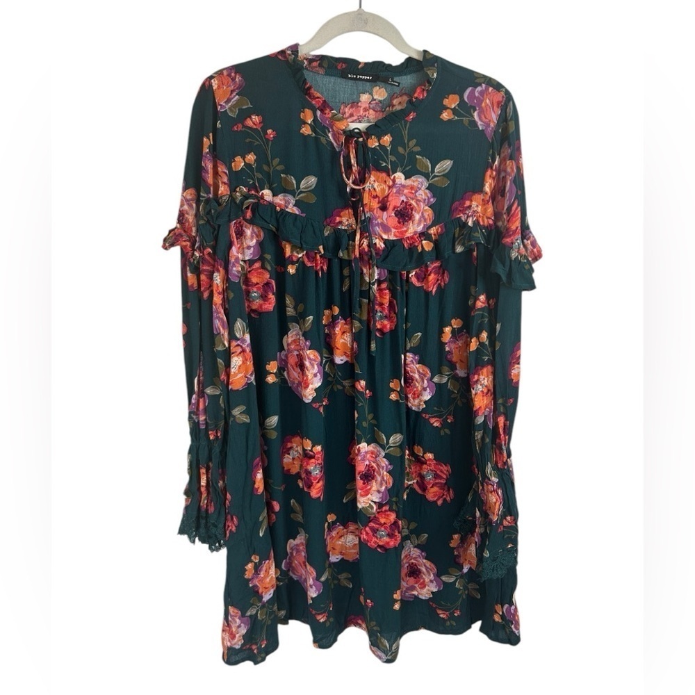 Blu Pepper Green Floral Ruffled Dress Lace Trim Bell Sleeves Womens Sz Large - Picture 3 of 14